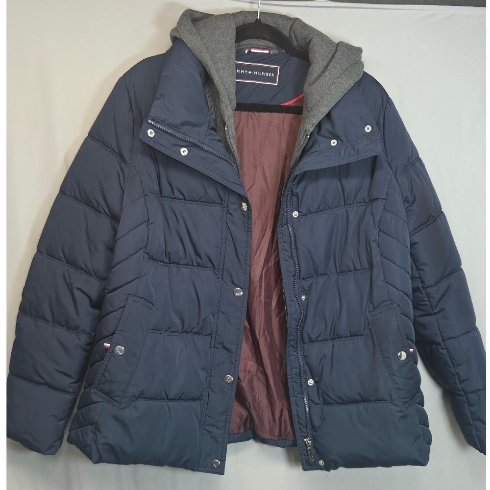 Tommy Hilfiger Puffer Jacket Womens Large Navy Blue Excellent Hooded Quilted L